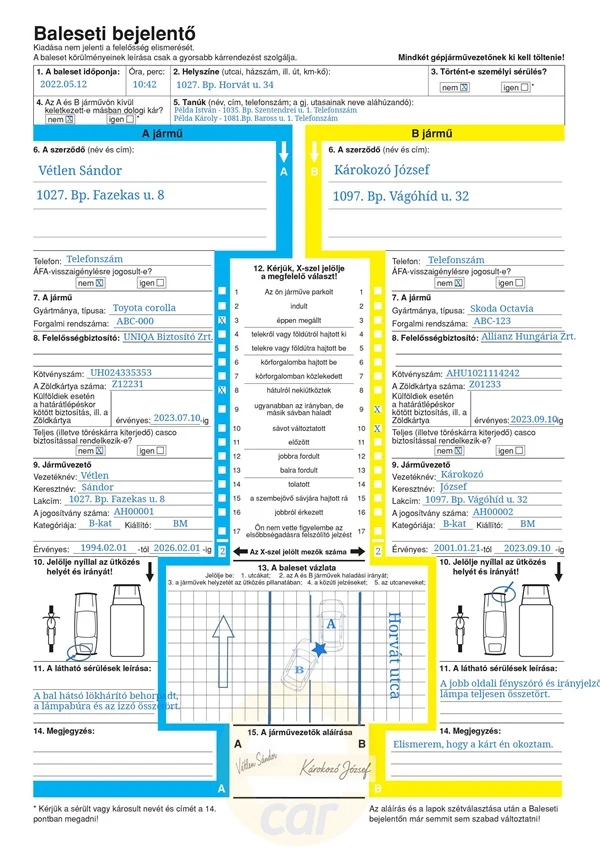 baleseti bejelentő (kék-sárga)