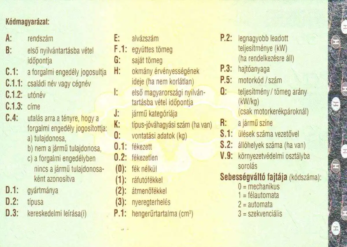 Forgalmi engedély kódok
